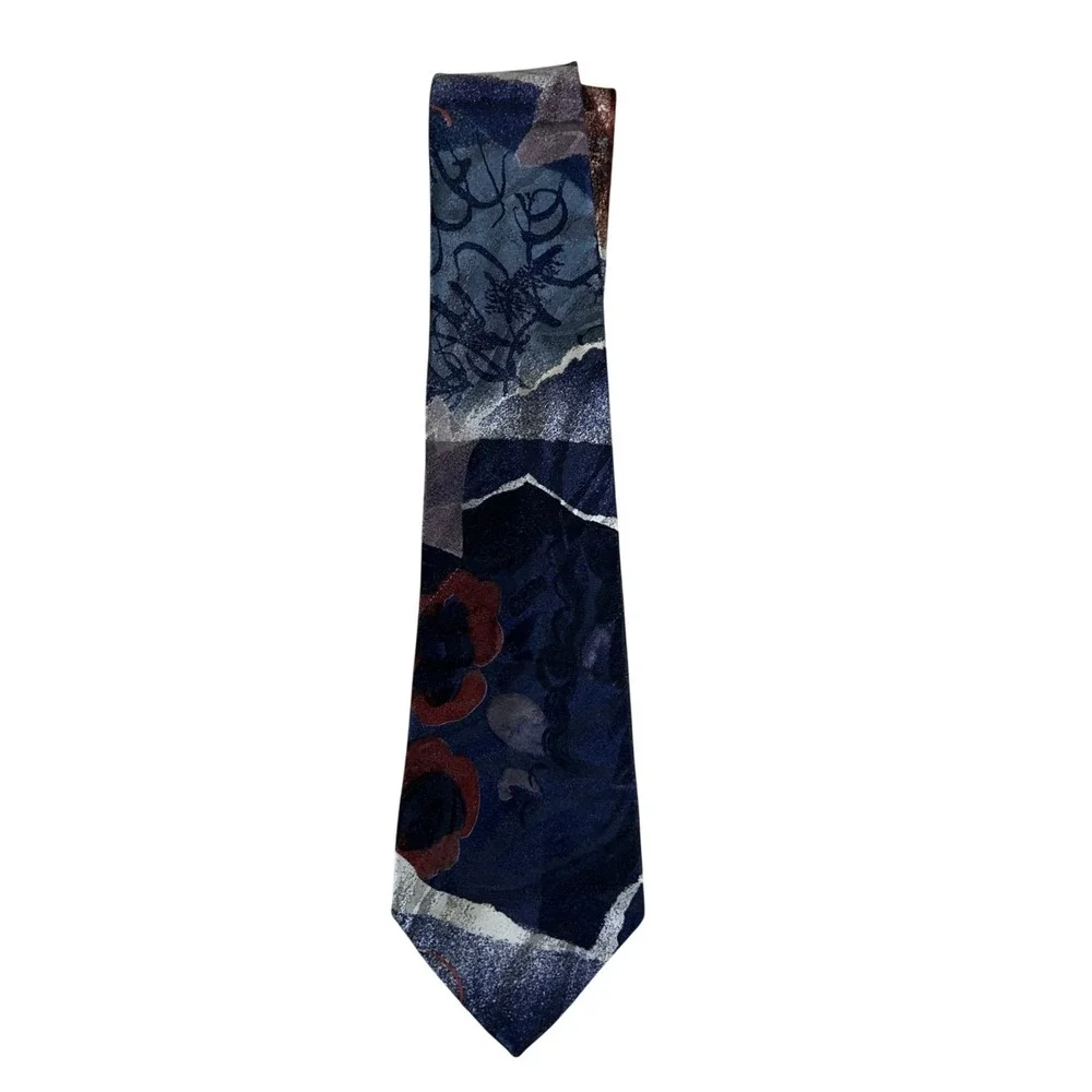Vintage Towncraft Mens Abstract Geometric Silk Feel Tie Blue Burgundy Gray 5145